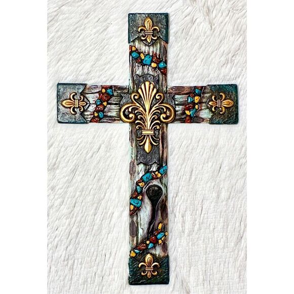 NWOT Montana West 12" Fleur-De-Lis Wood Neutral Stone Wall Cross - Picture 7 of 7
